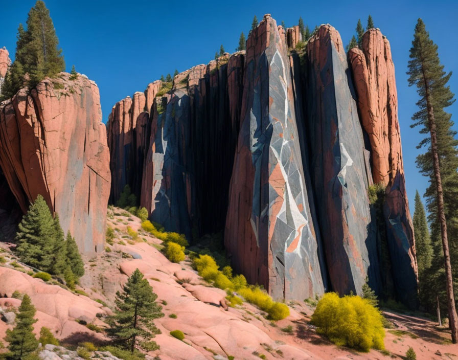 Majestic Red Rock Formations and Towering Cliffs Under Clear Blue Sky