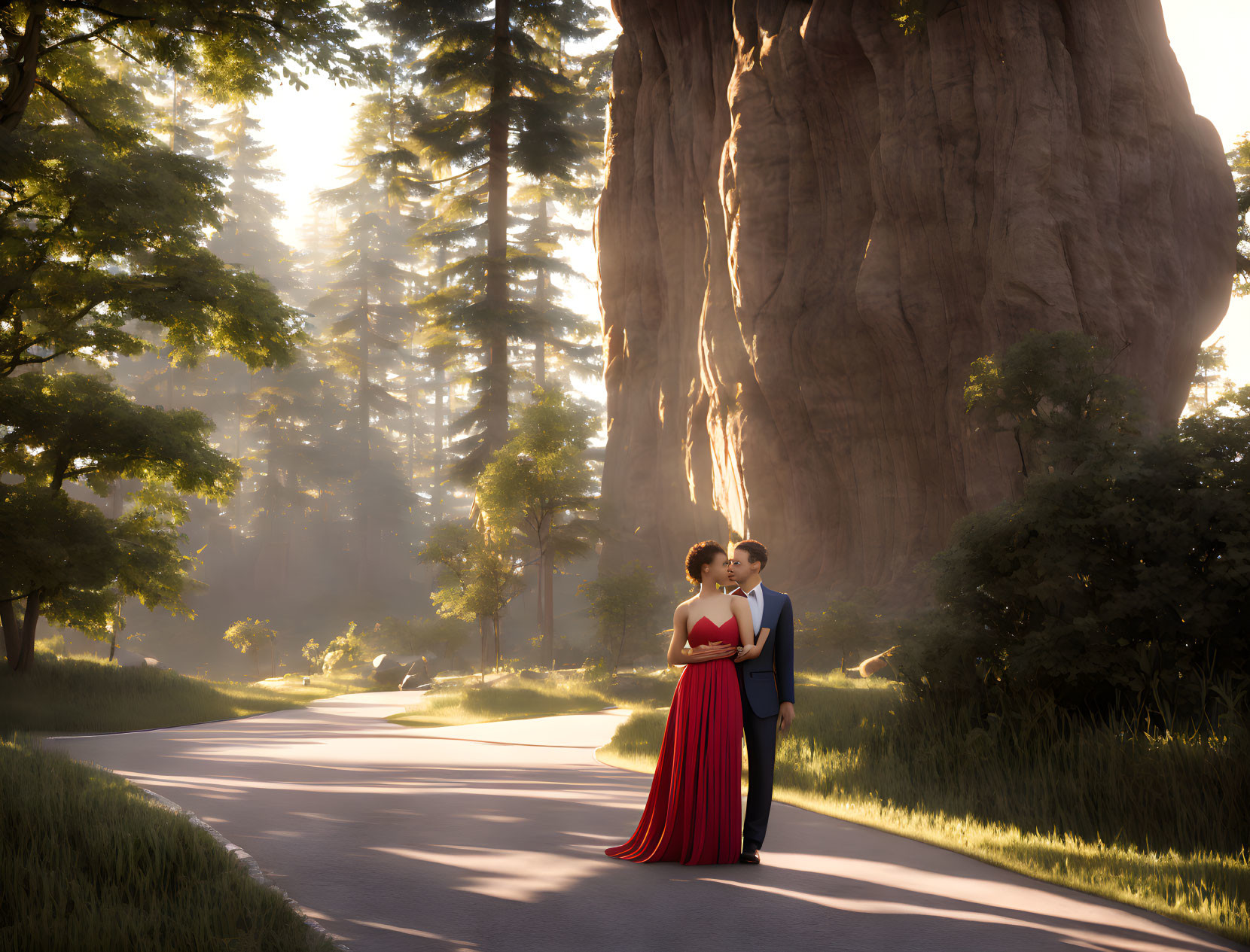 Couple embracing on forest path at sunset