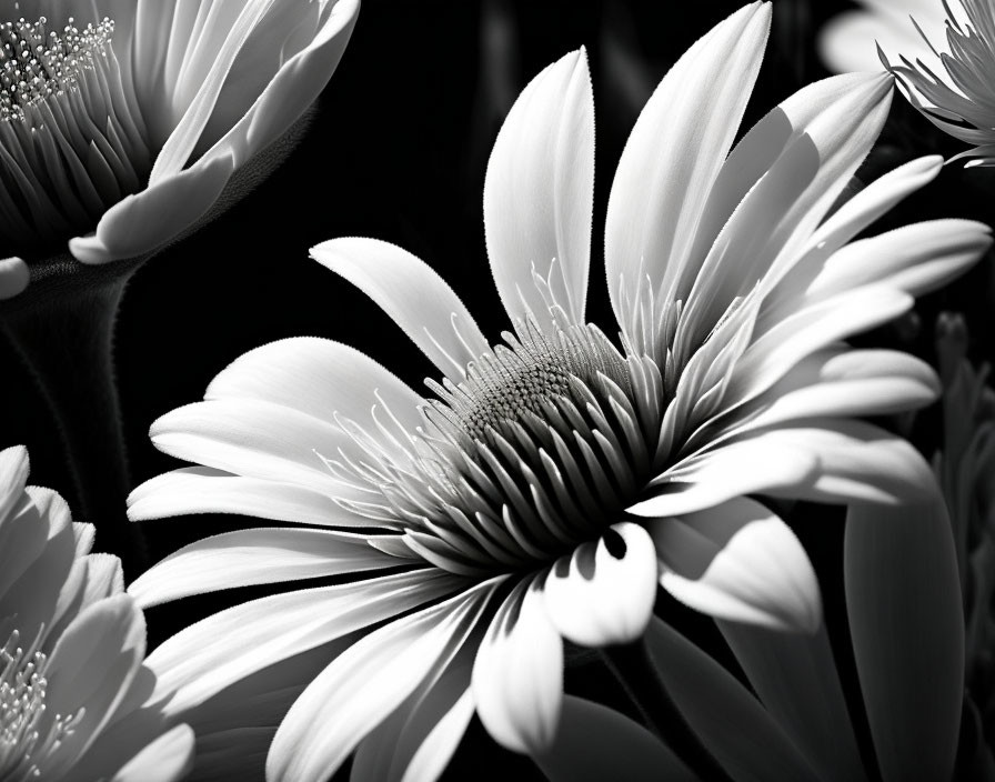 Monochrome close-up of daisy-like flowers showcasing delicate petal texture.