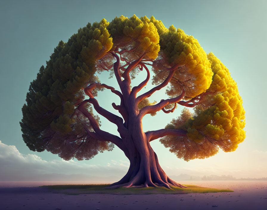 Majestic tree with broad yellow-green canopy at sunset