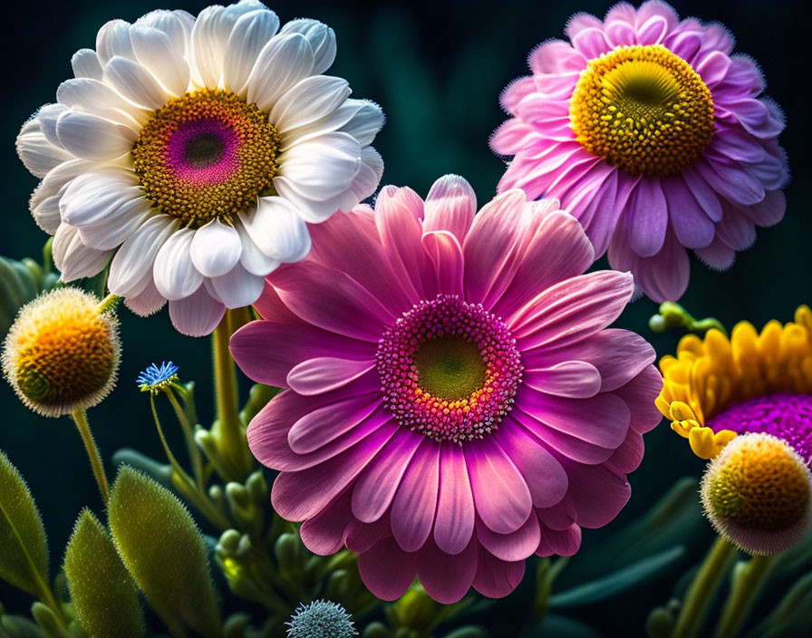 Colorful Gerbera Daisies Close-Up on Dark Background