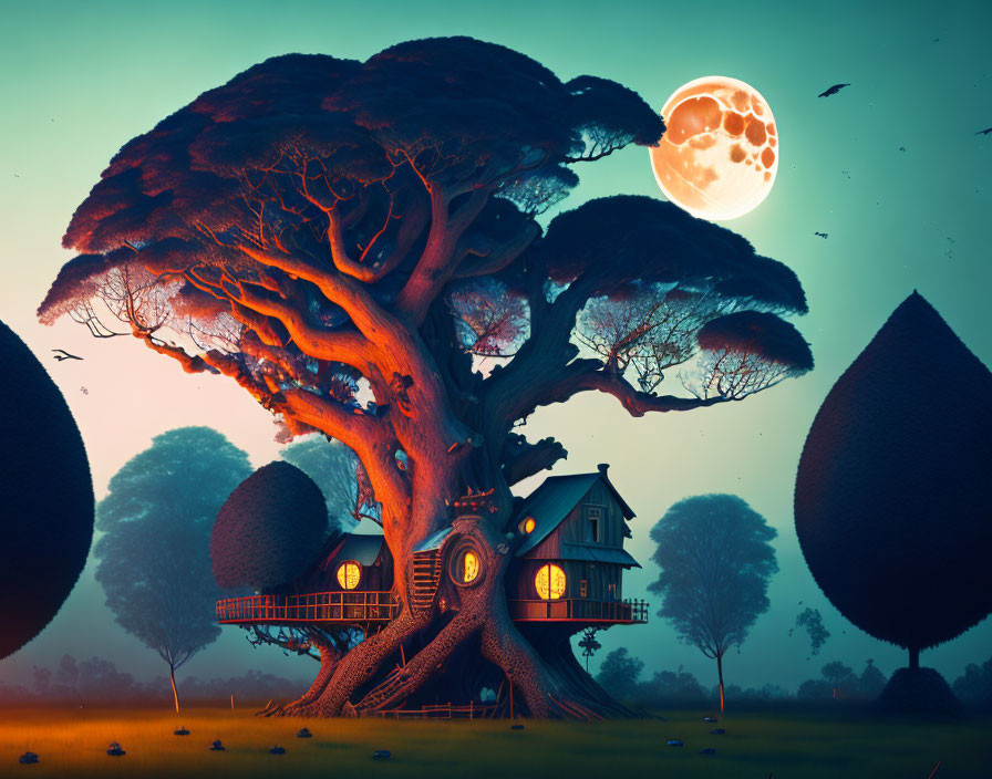 Whimsical treehouse in giant tree with full moon and surreal landscape