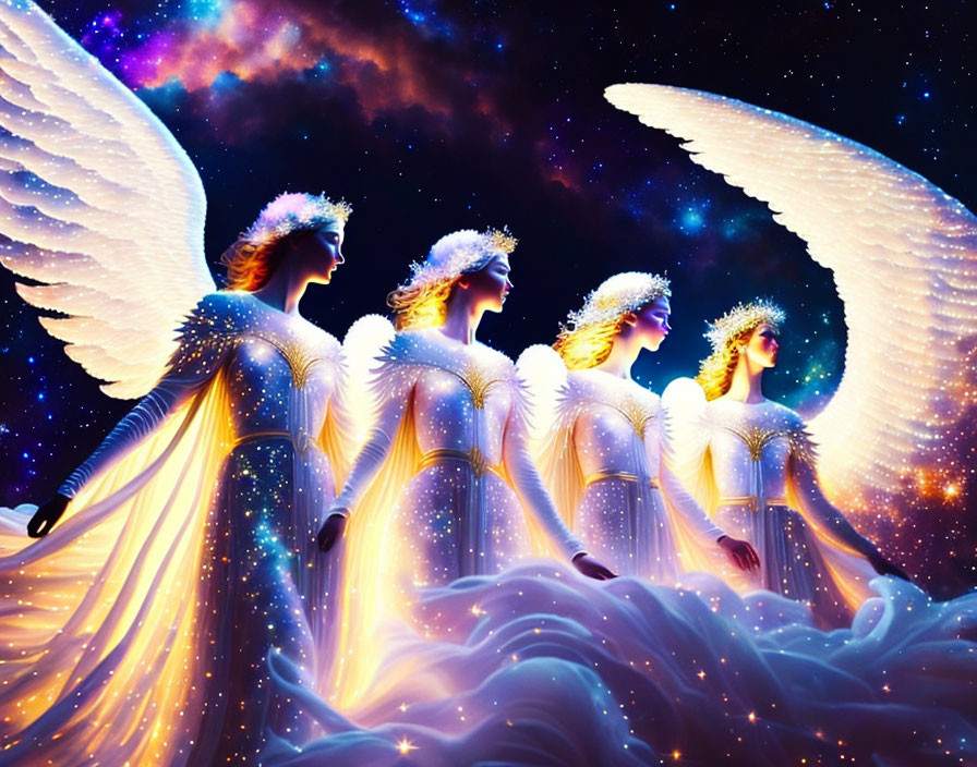 Four Angels with Glowing Halos and White Wings in Cosmic Setting