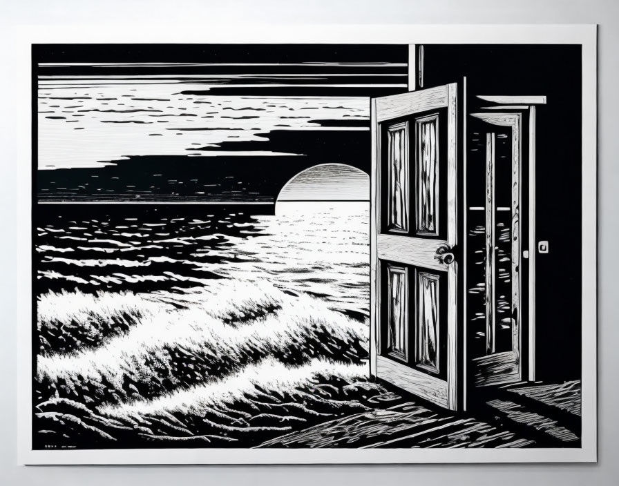 Monochrome artwork of open door to seascape with sun and waves