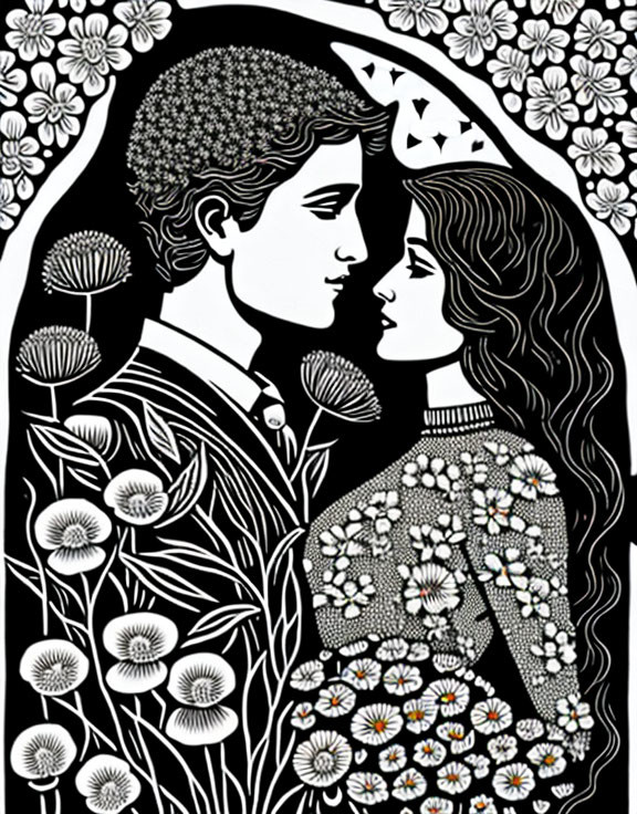 Monochrome illustration of man and woman with intricate floral patterns