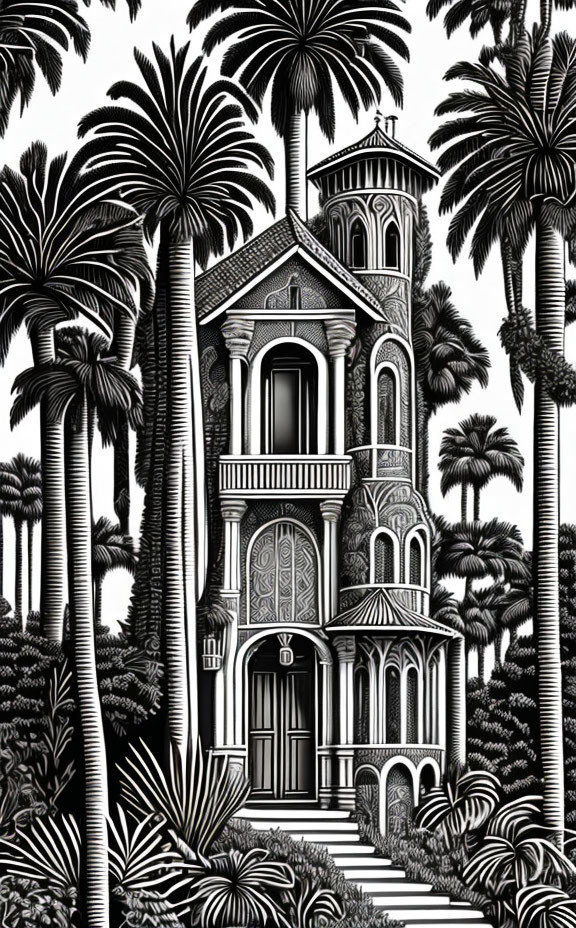 Detailed Victorian-style house surrounded by palm trees in black and white.