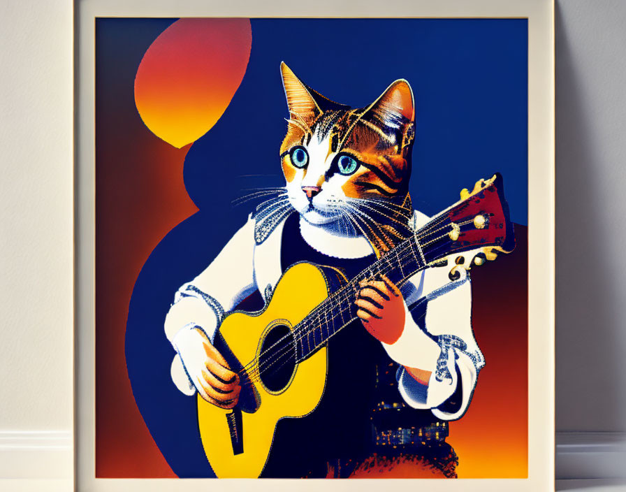 Vibrant cat-themed artwork with guitar on wall