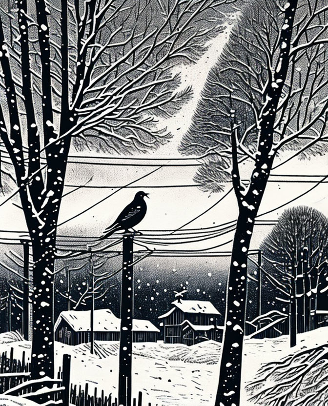 Monochromatic snowy landscape with bird, trees, and houses