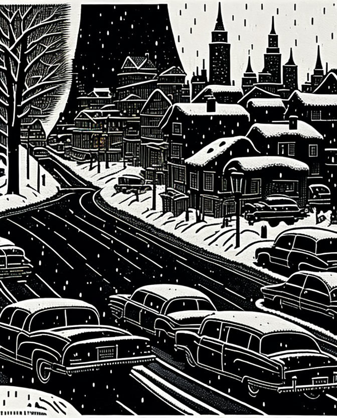 Vintage winter town illustration with classic cars, snowy road, buildings, and snowflakes.