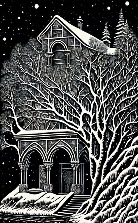 Detailed Monochrome Woodcut Style Illustration of Snowy Night Landscape