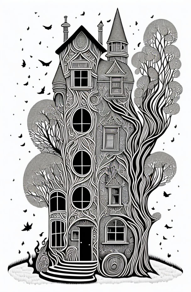 Detailed black and white whimsical treehouse illustration with architectural elements and flying birds