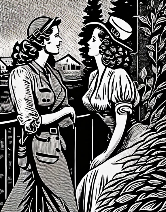 Vintage black and white illustration of two women in different attire with a house and fence.