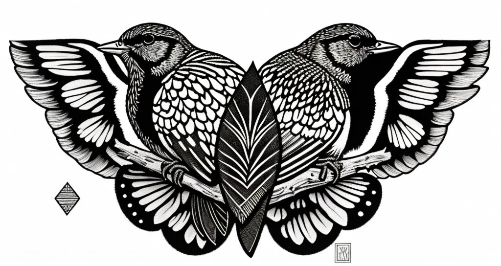 Detailed symmetrical black and white starling bird illustration on branches.