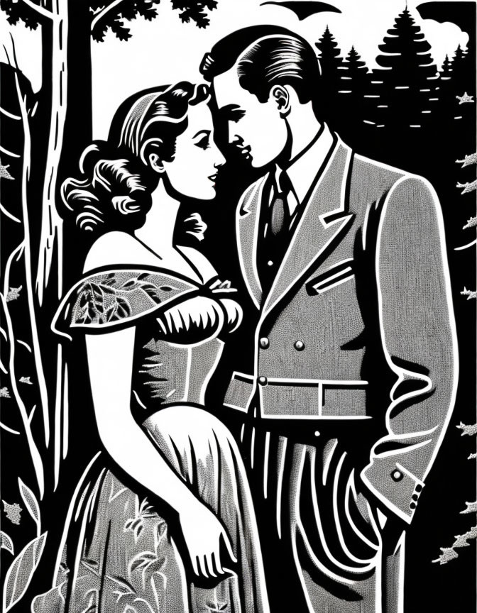 Monochrome illustration of man and woman near kiss in forest.