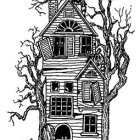 Detailed black and white whimsical treehouse illustration with architectural elements and flying birds