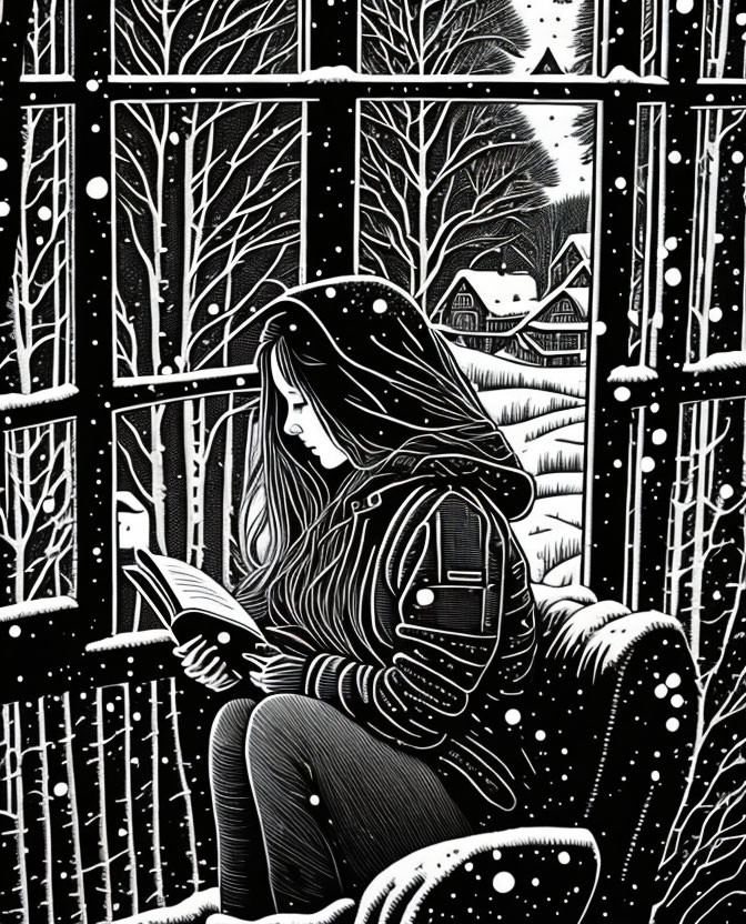 Monochrome illustration of person reading by snowy window