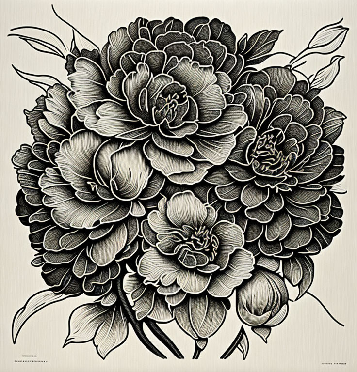 Detailed Black and White Peonies Illustration with Line Shading