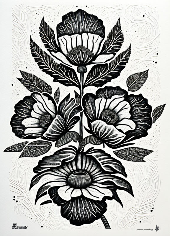 Detailed Monochrome Botanical Illustration of Stylized Flowers and Leaves