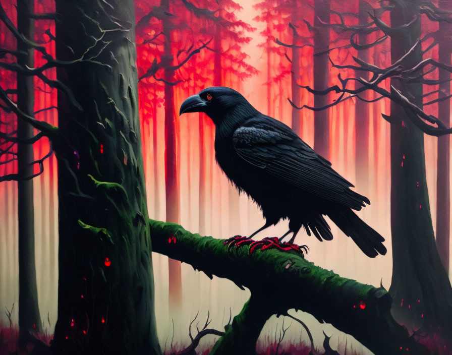 Raven on Moss-Covered Branch in Misty Red Forest