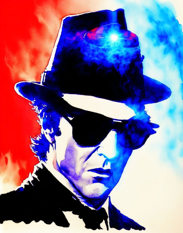 Vibrant red and blue watercolor portrait with man in fedora and sunglasses