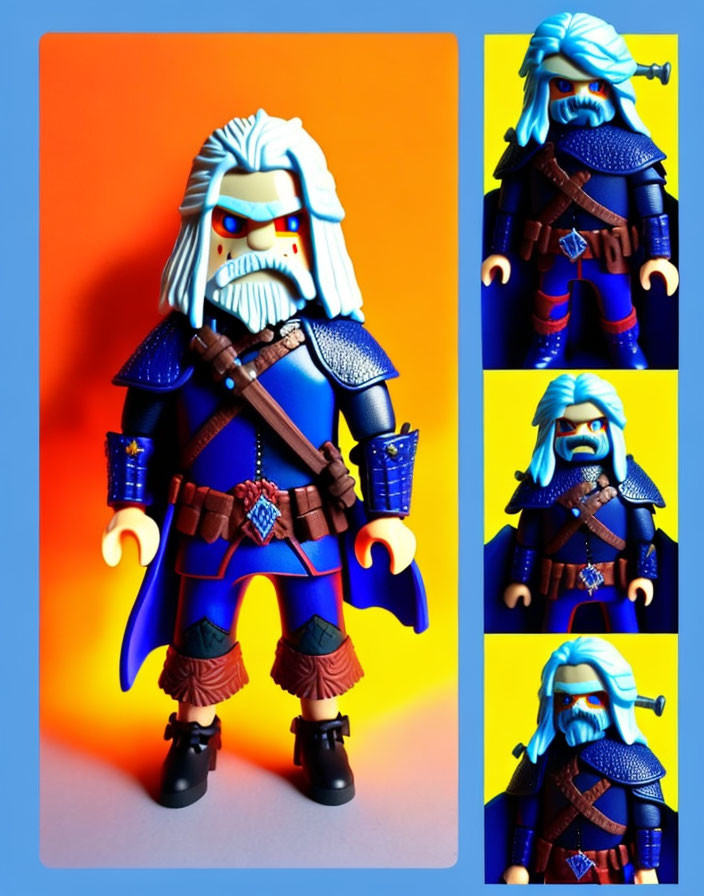 Fantasy dwarf warrior toy figure in blue armor on orange-blue background.