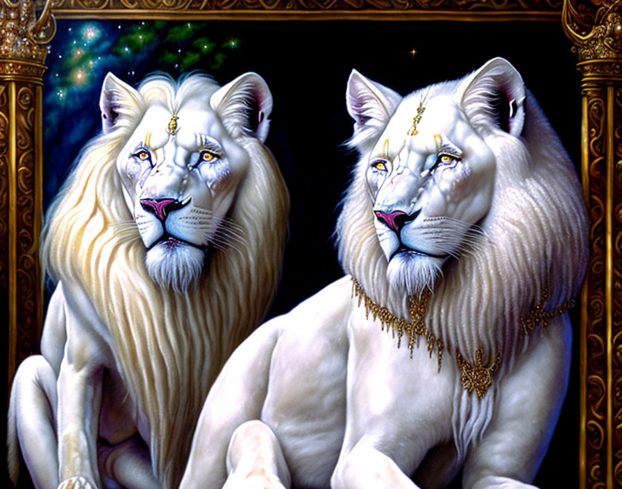 Majestic white lions with blue eyes in gold jewelry against starry backdrop