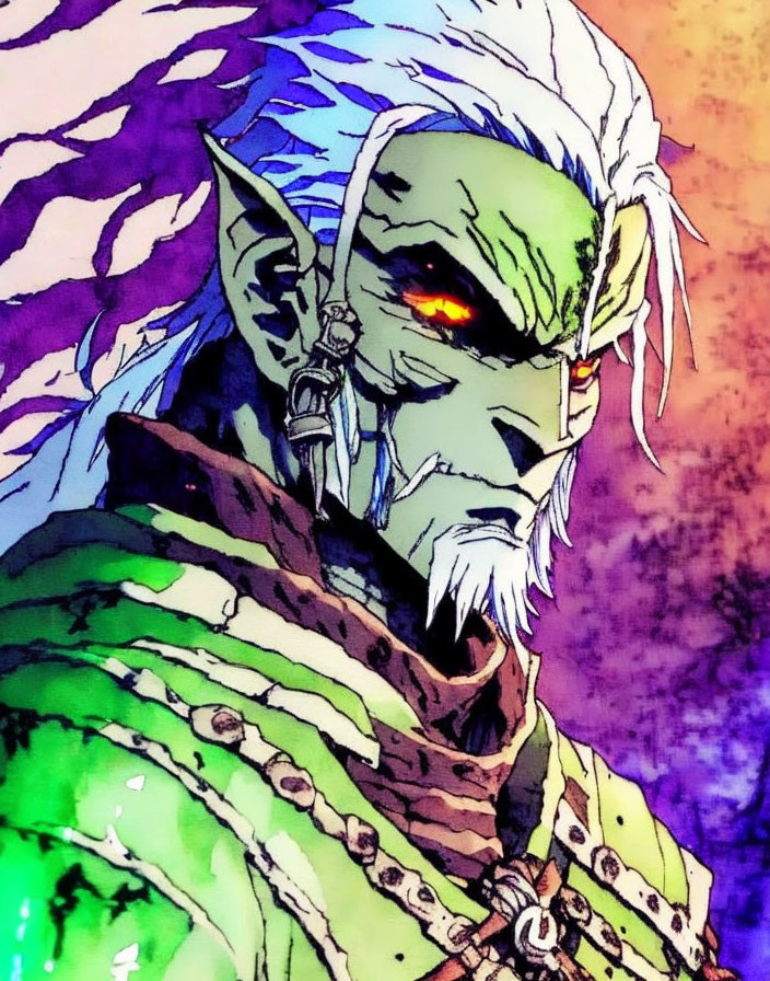 Fantasy character with pointed ears, white hair, red eyes, and green skin in studded collar