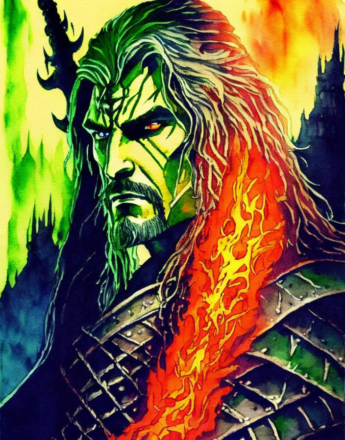 Fantasy warrior with green skin and fiery beard in fiery backdrop.