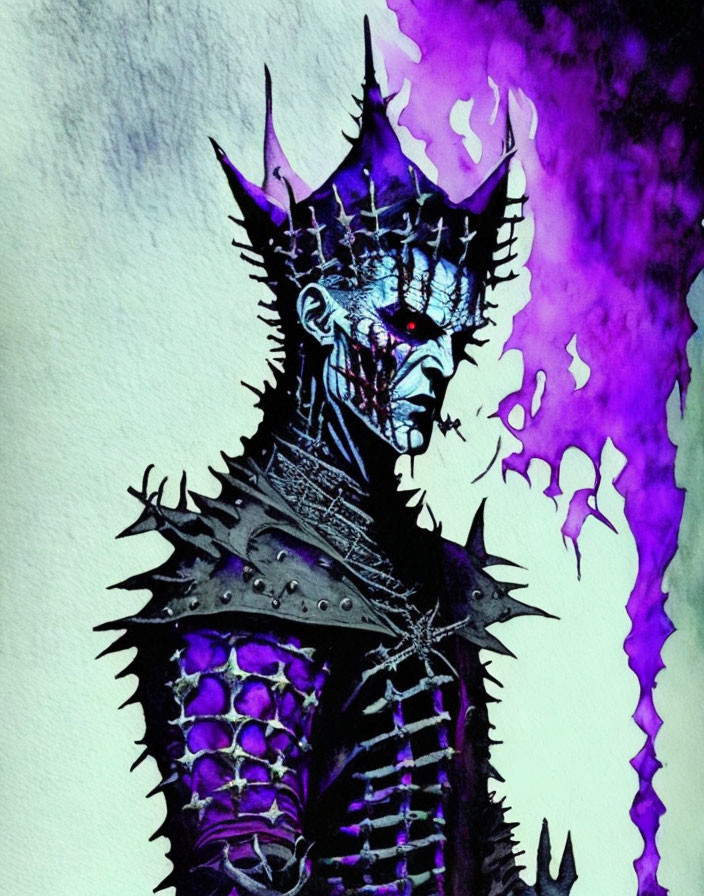 Sinister fantasy figure in spiked armor with red eye, surrounded by purple mist