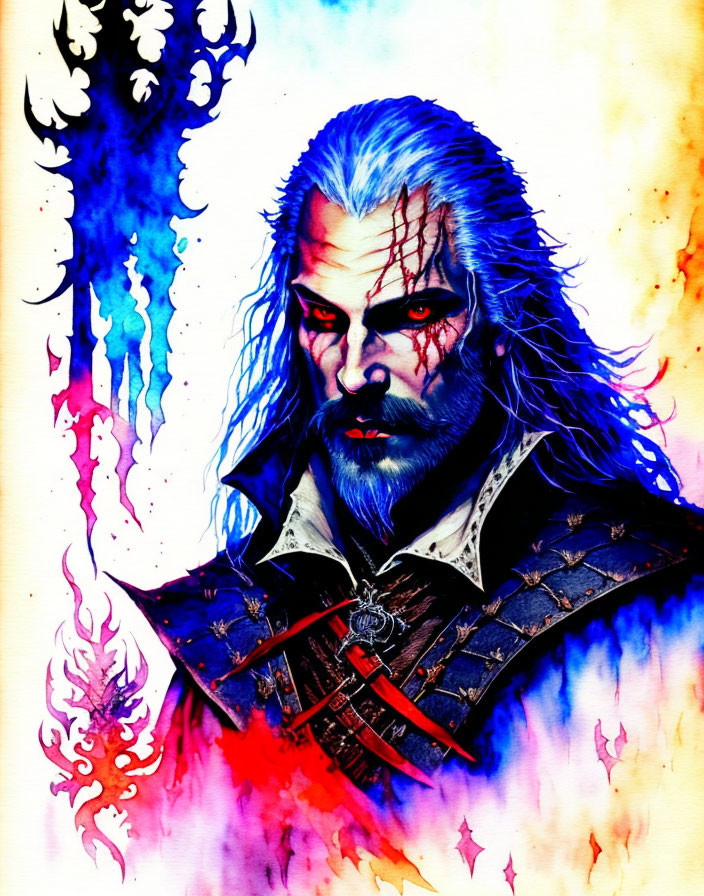 Illustration of stern-faced man with white hair and beard, red eyes, surrounded by blue and red