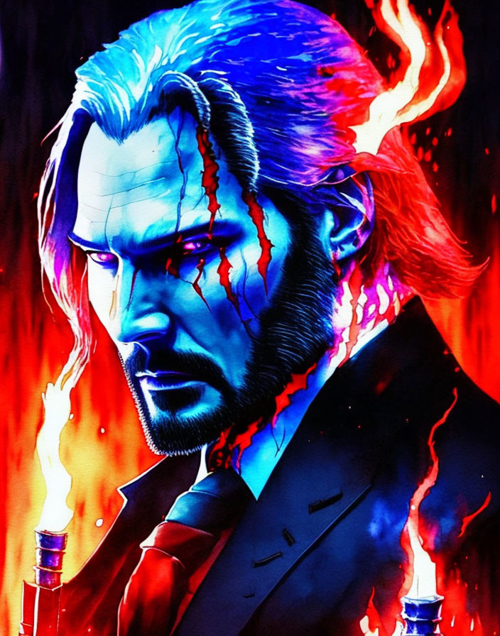 Man with Long Hair and Beard in Suit Surrounded by Blue and Red Fiery Effects