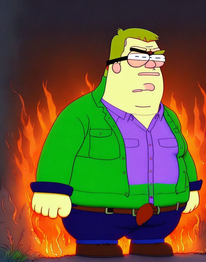 Animated man in glasses in green shirt with fiery background.