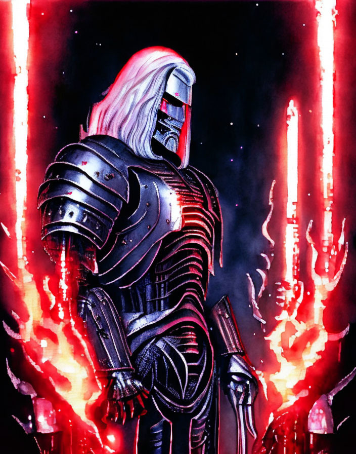 Menacing figure in futuristic armor with glowing red visor on dark, starry background