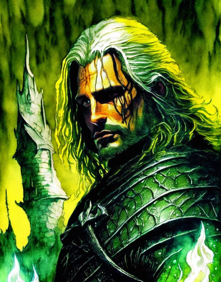 Stoic warrior in green armor on vibrant magical background