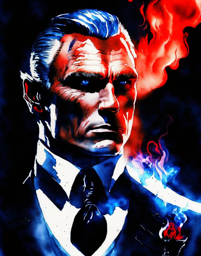 Illustration of stern man in blue suit with slicked-back hair and fiery aura