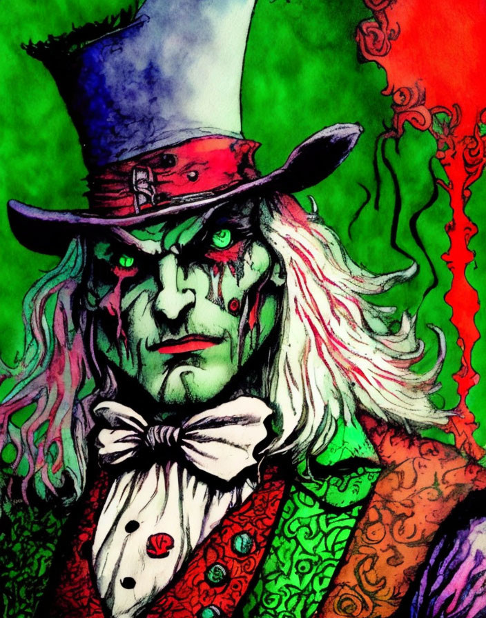 Menacing character with green skin, red eyes, white hair, top hat, and bold suit colors