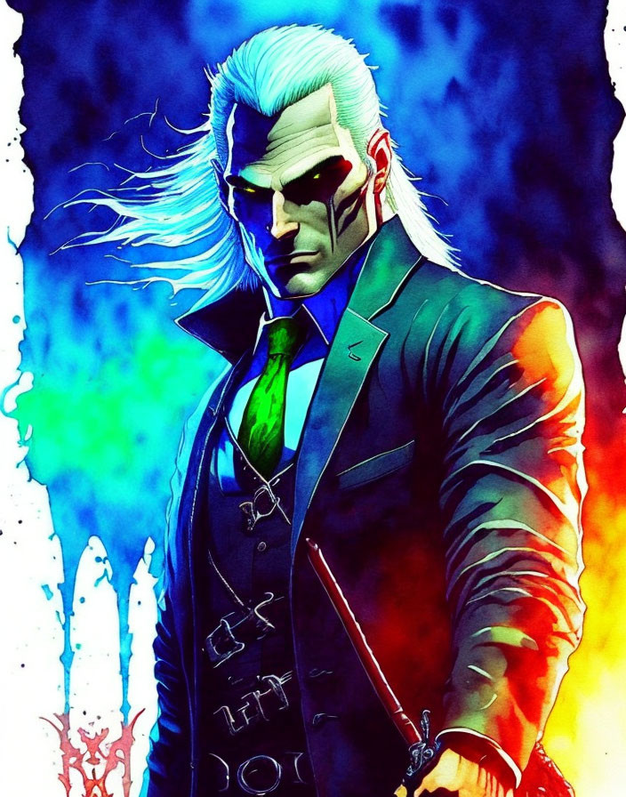 Detailed illustration of stern man with long white hair in green suit against vibrant background