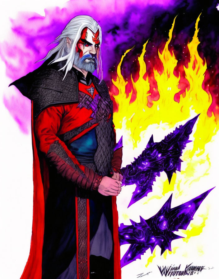 Fantasy character with white hair, red cloak, and glowing mace in fiery backdrop