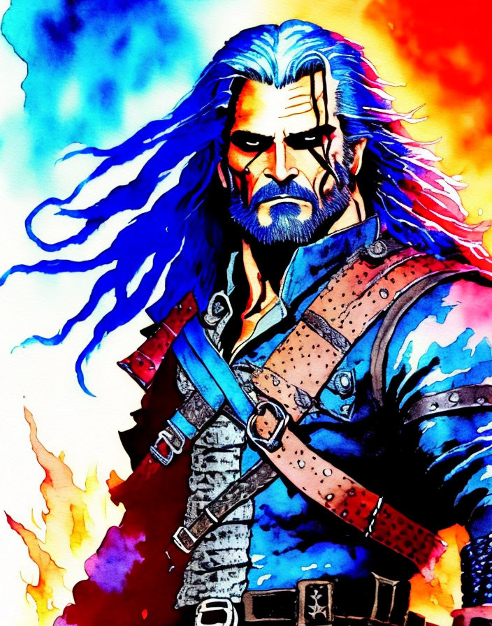 Bearded man in leather armor with blue hair and watercolor background