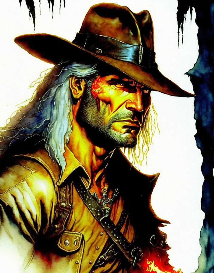 Stylized illustration of rugged man with long hair, cowboy hat, vest, and fiery orange mark