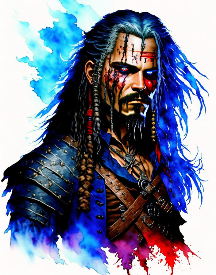 Character with Blue Hair and Scarred Face in Armor on Colorful Background