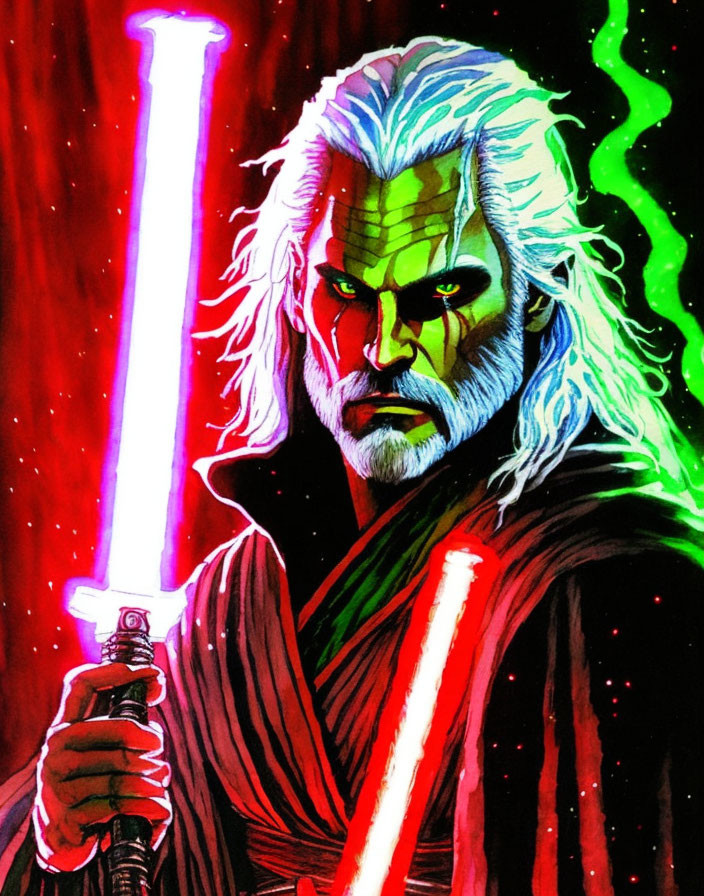 White-haired character with green facial markings wields red lightsaber in cosmic setting