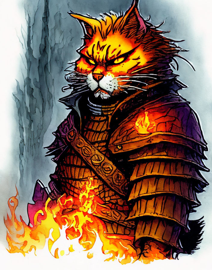 Anthropomorphic cat warrior in samurai armor with fiery lower body, set against tree-lined background