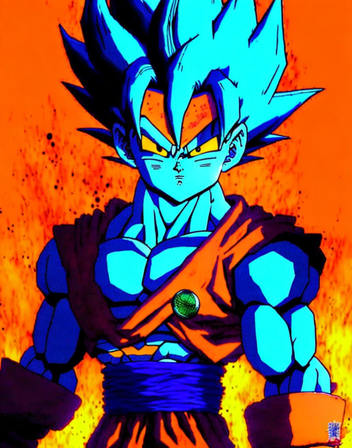 Anime character with spiky blue hair and glowing aura in orange and blue suit