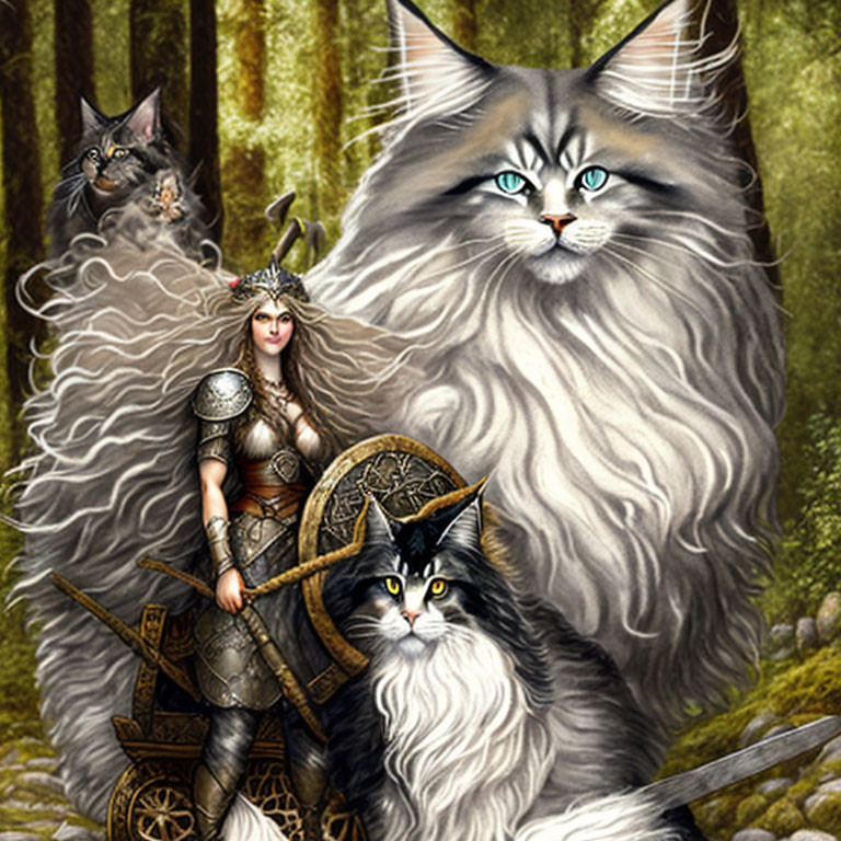 Warrior woman in armor with three giant cats in mystical forest