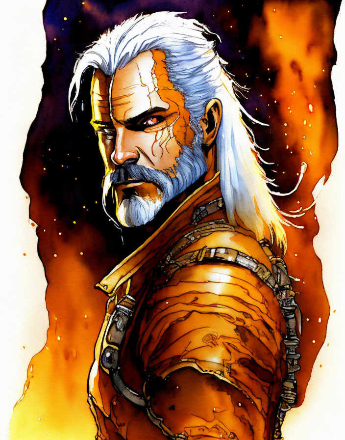 Rugged white-haired man with cybernetic arm in fiery setting