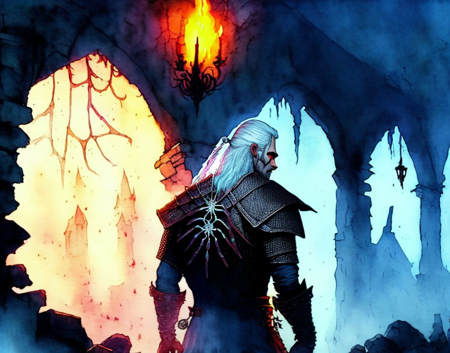 White-haired figure with sword in gothic castle setting with fiery sconce.