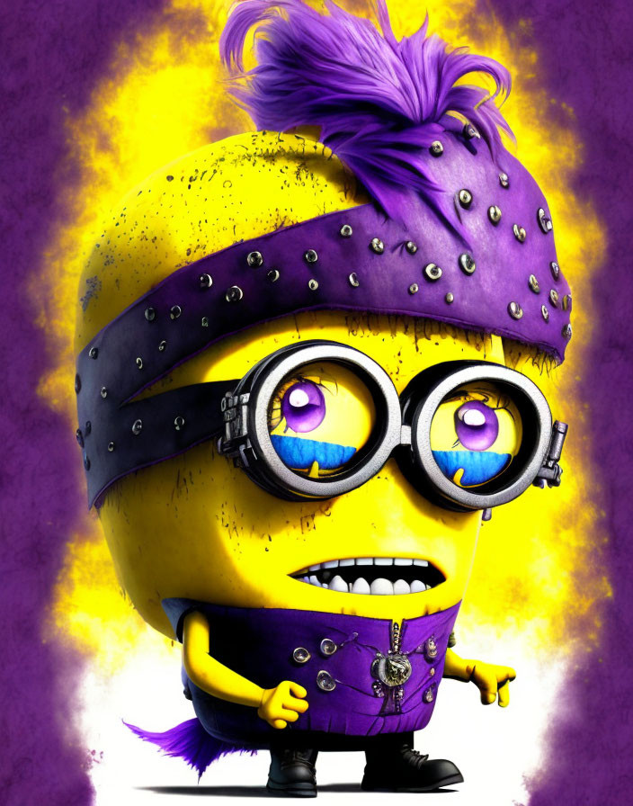 3D animated character in purple jacket and bandana on yellow background