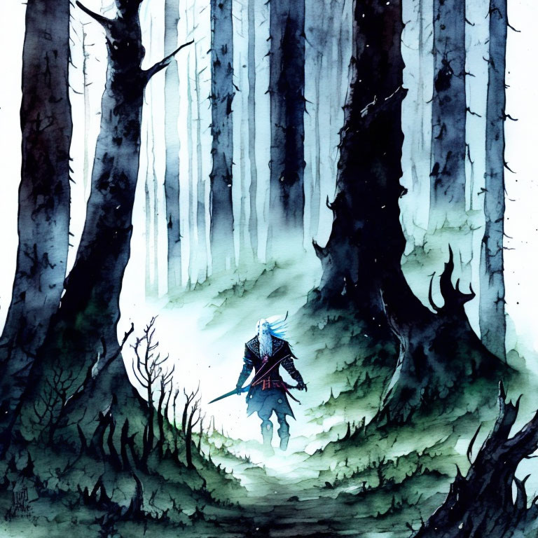 Lone figure with sword in misty, dark forest