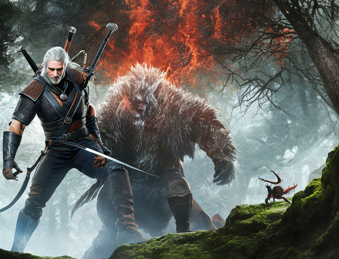 Silver-Haired Warrior Faces Bear-Like Creature in Mystical Forest